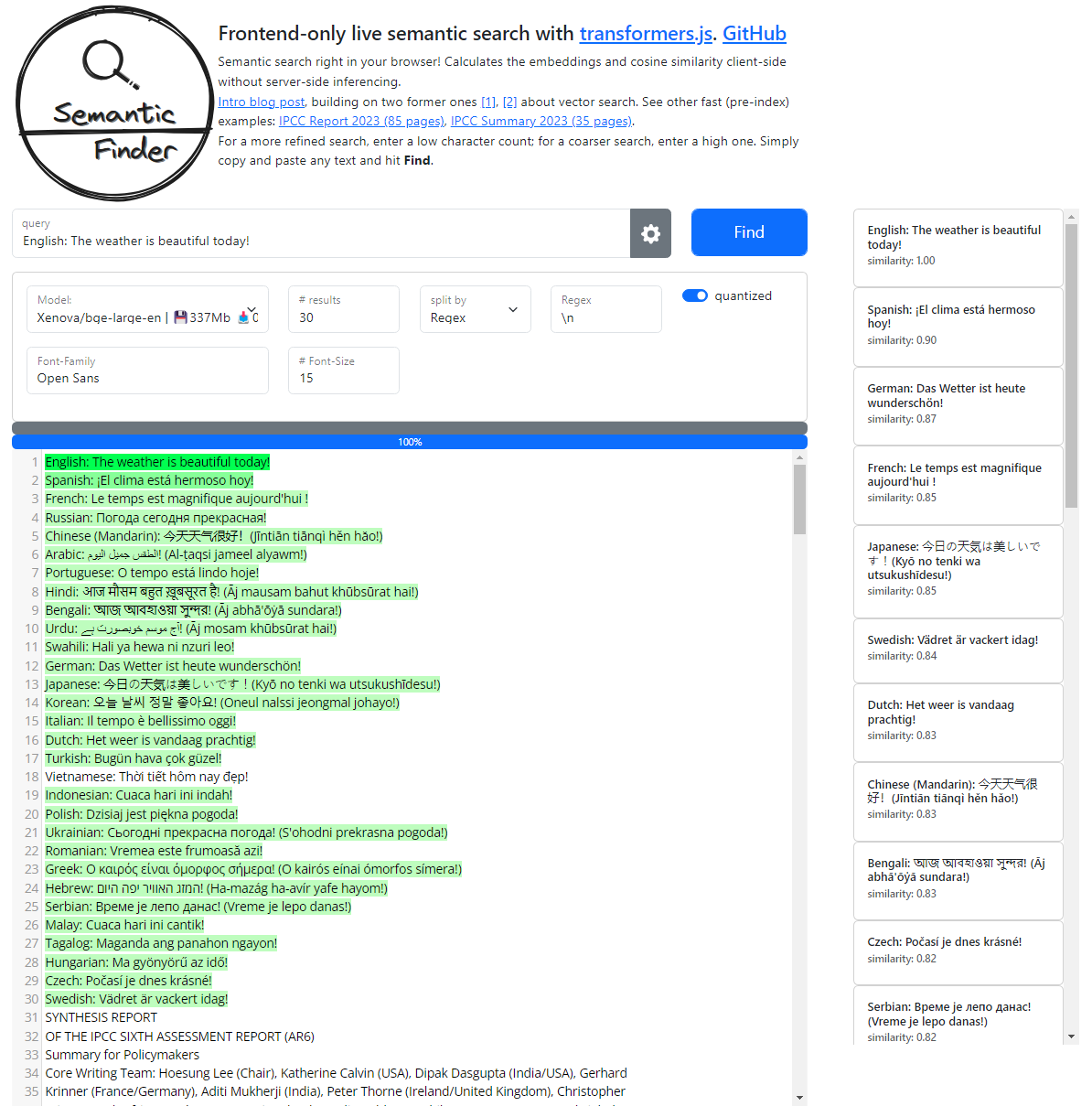 SemanticFinder bge-large-en performance
